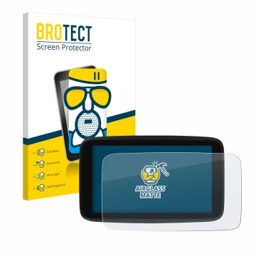 Face avant d’un emballage produit avec le logo de la marque BROTECT. À côté, l’appareil TomTom GO Discover 7