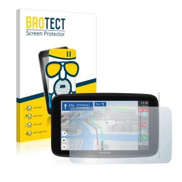 Face avant d’un emballage produit avec le logo de la marque BROTECT. À côté, l’appareil TomTom GO Discover 6