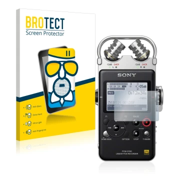Face avant d’un emballage produit avec le logo de la marque BROTECT. À côté, l’appareil Sony PCM D100 est représenté avec la p
