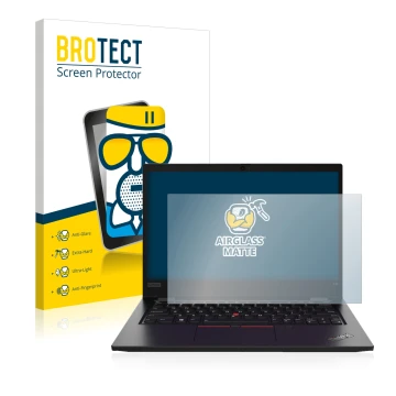 Face avant d’un emballage produit avec le logo de la marque BROTECT. À côté, l’appareil Lenovo ThinkPad L13 Gen 2 est représen