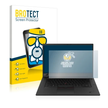 Face avant d’un emballage produit avec le logo de la marque BROTECT. À côté, l’appareil Lenovo ThinkPad P1 Gen 3 est représent