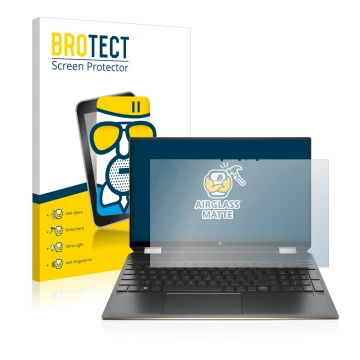 Face avant d’un emballage produit avec le logo de la marque BROTECT. À côté, l’appareil HP Spectre x360 (15-eb) (359.9 mm x 22