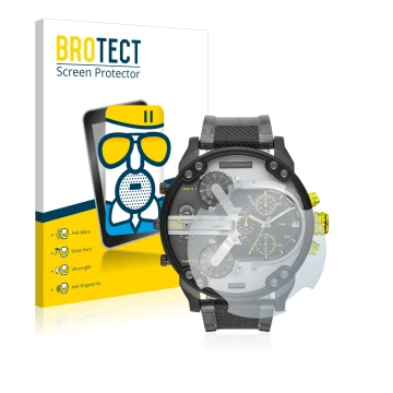 Face avant d’un emballage produit avec le logo de la marque BROTECT. À côté, l’appareil Diesel DZ7422 Mr. Daddy 2.0 est représ