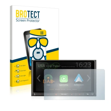 Face avant d’un emballage produit avec le logo de la marque BROTECT. À côté, l’appareil Zenec Z-N528 est représenté avec la pr