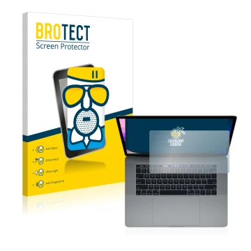 Face avant d’un emballage produit avec le logo de la marque BROTECT. À côté, l’appareil Apple MacBook Pro 15