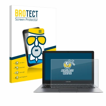 Face avant d’un emballage produit avec le logo de la marque BROTECT. À côté, l’appareil Chuwi HeroBook Pro Plus est représenté