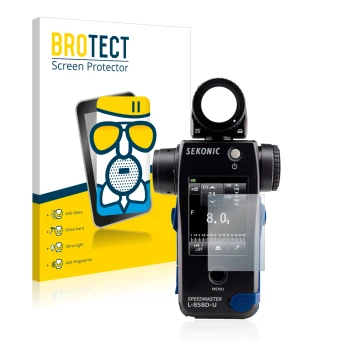 Face avant d’un emballage produit avec le logo de la marque BROTECT. À côté, l’appareil Sekonic L858D est représenté avec la p