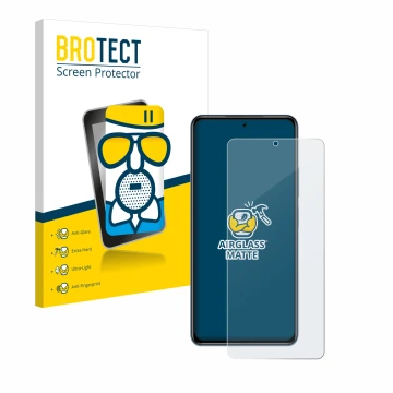 Face avant d’un emballage produit avec le logo de la marque BROTECT. À côté, l’appareil Xiaomi Poco F3 est représenté avec la 