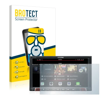 Face avant d’un emballage produit avec le logo de la marque BROTECT. À côté, l’appareil Alpine iLX-702D est représenté avec la