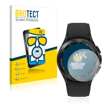 Face avant d’un emballage produit avec le logo de la marque BROTECT. À côté, l’appareil Samsung Galaxy Watch 4 Classic (42mm) 