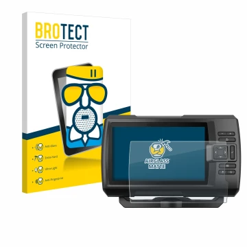 Face avant d’un emballage produit avec le logo de la marque BROTECT. À côté, l’appareil Garmin Striker Vivid 7cv est représent