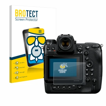 Face avant d’un emballage produit avec le logo de la marque BROTECT. À côté, l’appareil Nikon Z 9 est représenté avec la prote