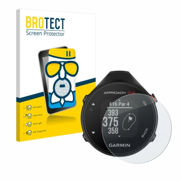 Face avant d’un emballage produit avec le logo de la marque BROTECT. À côté, l’appareil Garmin Approach G12 est représenté ave