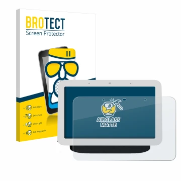 Face avant d’un emballage produit avec le logo de la marque BROTECT. À côté, l’appareil Google Nest Hub 2 est représenté avec 