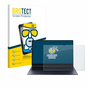 Face avant d’un emballage produit avec le logo de la marque BROTECT. À côté, l’appareil Samsung Galaxy Book Pro 360 15