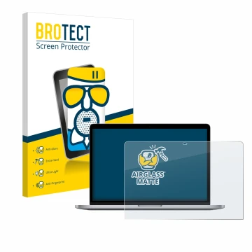 Face avant d’un emballage produit avec le logo de la marque BROTECT. À côté, l’appareil Apple MacBook Pro 13
