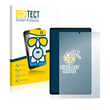 Face avant d’un emballage produit avec le logo de la marque BROTECT. À côté, l’appareil Lenovo Tab M10 FHD Plus est représenté