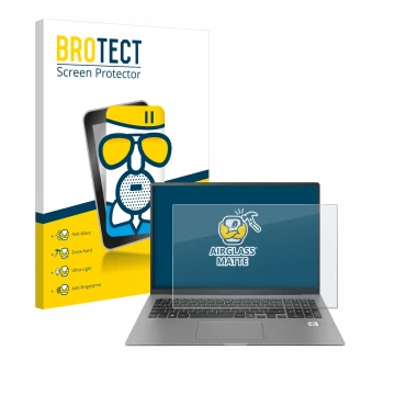 Face avant d’un emballage produit avec le logo de la marque BROTECT. À côté, l’appareil LG gram 17'' 2021 est représenté avec 