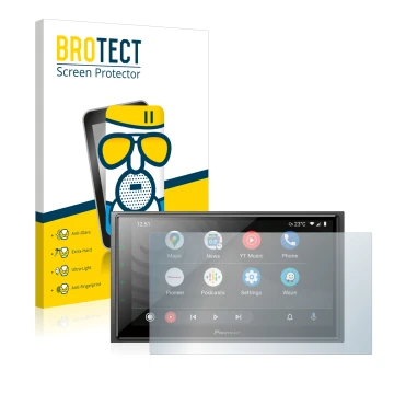 Face avant d’un emballage produit avec le logo de la marque BROTECT. À côté, l’appareil Pioneer SPH-EVO64DAB est représenté av