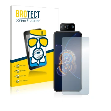 Face avant d’un emballage produit avec le logo de la marque BROTECT. À côté, l’appareil ASUS ZenFone 8 Flip est représenté ave