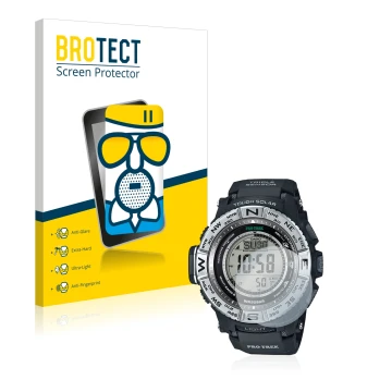 Face avant d’un emballage produit avec le logo de la marque BROTECT. À côté, l’appareil Casio Pro Trek PRW-3500-1 est représen