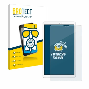 Face avant d’un emballage produit avec le logo de la marque BROTECT. À côté, l’appareil Samsung Galaxy Tab A7 Lite LTE 2021 (p