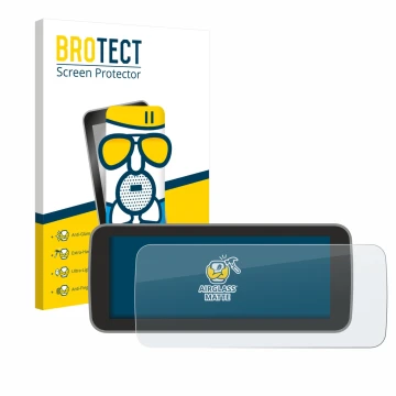 Face avant d’un emballage produit avec le logo de la marque BROTECT. À côté, l’appareil Fiat 500 E Uconnect 5 10