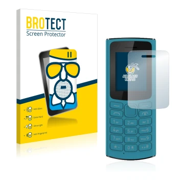 Face avant d’un emballage produit avec le logo de la marque BROTECT. À côté, l’appareil Nokia 105 4G 2021 est représenté avec 