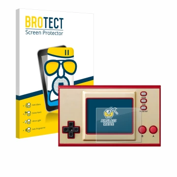 Face avant d’un emballage produit avec le logo de la marque BROTECT. À côté, l’appareil Nintendo Game & Watch Super Mario Bros
