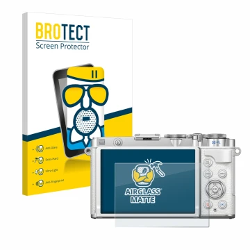 Face avant d’un emballage produit avec le logo de la marque BROTECT. À côté, l’appareil Olympus PEN E-P7 est représenté avec l