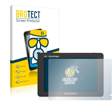 Face avant d’un emballage produit avec le logo de la marque BROTECT. À côté, l’appareil Feelworld LUT7 7