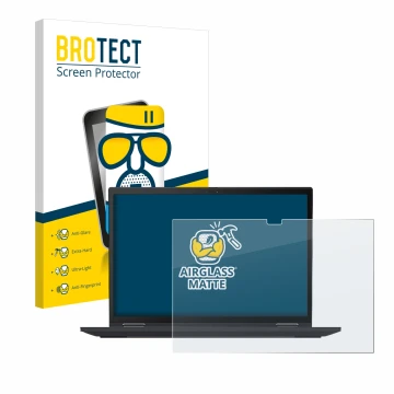 Face avant d’un emballage produit avec le logo de la marque BROTECT. À côté, l’appareil Lenovo ThinkPad X13 Yoga Gen 2 est rep