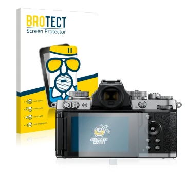 Face avant d’un emballage produit avec le logo de la marque BROTECT. À côté, l’appareil Nikon Z fc est représenté avec la prot