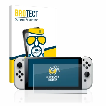 Face avant d’un emballage produit avec le logo de la marque BROTECT. À côté, l’appareil Nintendo Switch OLED-Modell est représ