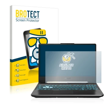 Face avant d’un emballage produit avec le logo de la marque BROTECT. À côté, l’appareil ASUS TUF Gaming A15 est représenté ave