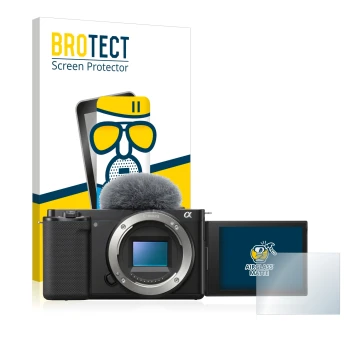 Face avant d’un emballage produit avec le logo de la marque BROTECT. À côté, l’appareil Sony Alpha ZV-E10 est représenté avec 
