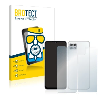 Face avant d’un emballage produit avec le logo de la marque BROTECT. À côté, l’appareil Samsung Galaxy A22 5G (Avant+Arrière) 