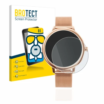 Face avant d’un emballage produit avec le logo de la marque BROTECT. À côté, l’appareil Naixues Smartwatch CF80 1.08