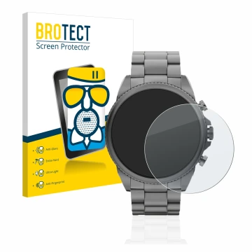 Face avant d’un emballage produit avec le logo de la marque BROTECT. À côté, l’appareil Fossil Gen 6 (44mm) est représenté ave