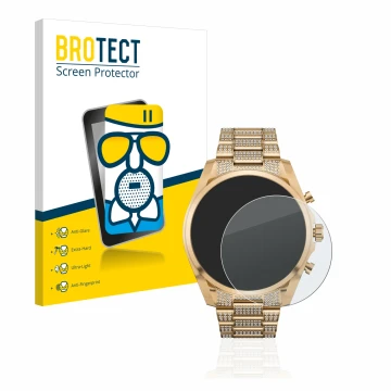 Face avant d’un emballage produit avec le logo de la marque BROTECT. À côté, l’appareil Michael Kors Access Gen 6 Bradshaw est