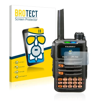 Face avant d’un emballage produit avec le logo de la marque BROTECT. À côté, l’appareil Yaesu FT-70DR est représenté avec la p