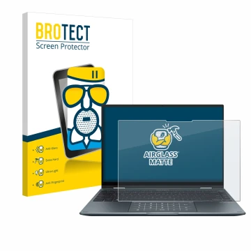 Face avant d’un emballage produit avec le logo de la marque BROTECT. À côté, l’appareil ASUS ZenBook 14 Flip OLED est représen