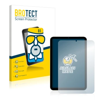 Face avant d’un emballage produit avec le logo de la marque BROTECT. À côté, l’appareil Apple iPad Mini 6 2021 est représenté 