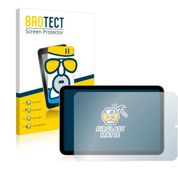 Face avant d’un emballage produit avec le logo de la marque BROTECT. À côté, l’appareil Apple iPad Mini 6 2021 (en paysage, 6e