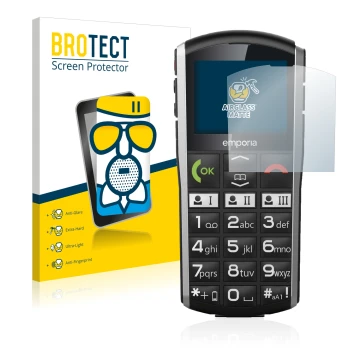 Face avant d’un emballage produit avec le logo de la marque BROTECT. À côté, l’appareil Emporia Simplicity est représenté avec
