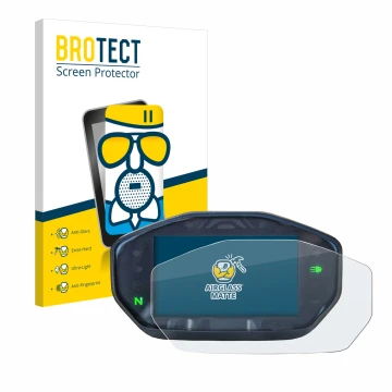 Face avant d’un emballage produit avec le logo de la marque BROTECT. À côté, l’appareil Ducati Monster / Monster + 2021 est re