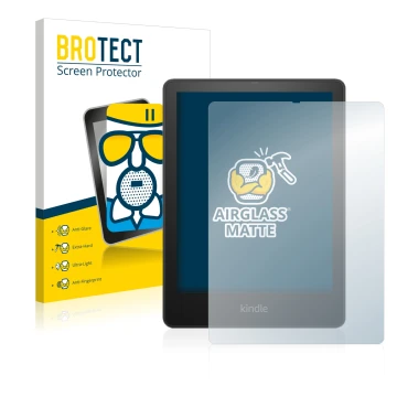 Face avant d’un emballage produit avec le logo de la marque BROTECT. À côté, l’appareil Amazon Kindle Paperwhite 2021 Signatur