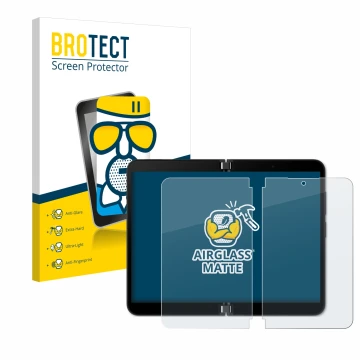 Face avant d’un emballage produit avec le logo de la marque BROTECT. À côté, l’appareil Microsoft Surface Duo 2 (Affichage int