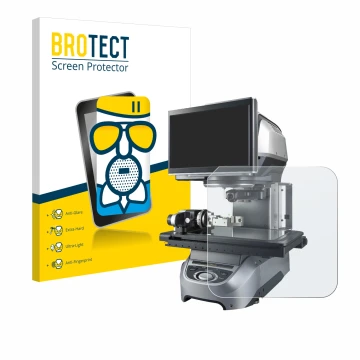 Face avant d’un emballage produit avec le logo de la marque BROTECT. À côté, l’appareil Keyence IM-8020 Dessus en verre est re