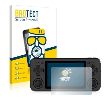 Face avant d’un emballage produit avec le logo de la marque BROTECT. À côté, l’appareil Anbernic RG351P est représenté avec la